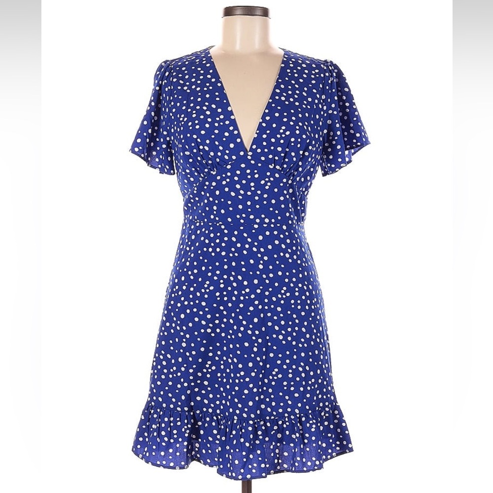 MELLODAY Cobalt Blue White Polka Dot Flutter Sleeve V-neck Mini Dress Medium M